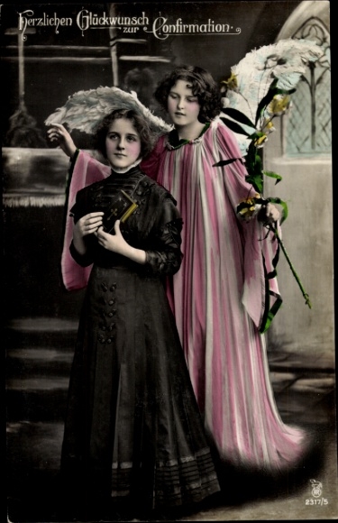 Postcard congratulations confirmation, angel, girl with bible