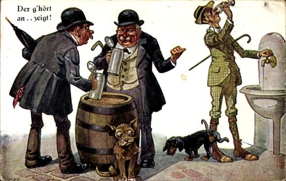 Artist Postcard Schlemo, E., The one who hears, Two men with beer mugs, water drinkers, dachshund