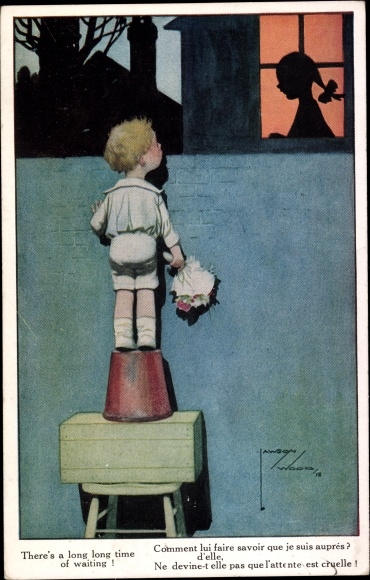 Artist Postcard Wood, Lawson, boy waiting at the window, bouquet of flowers