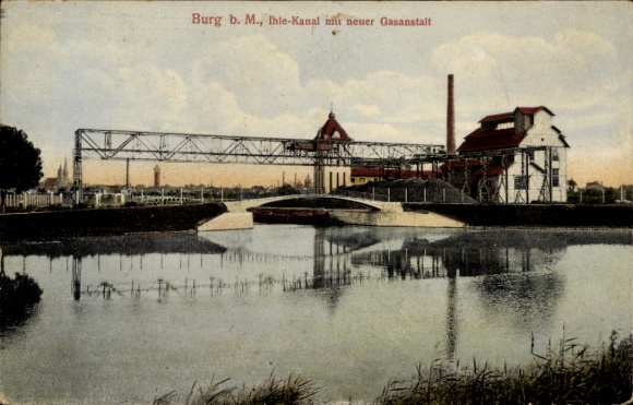 Postcard Burg near Magdeburg, Ihle Canal, new gasworks