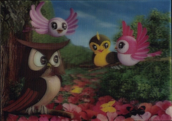 3-D Postcard Owl and three birds on a branch, butterflies, flowers