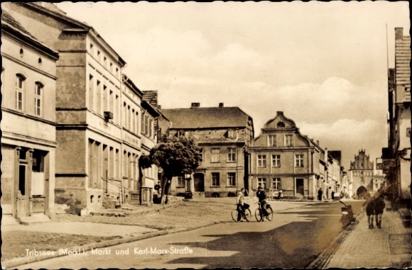 Postcard Tribsees in Mecklenburg-Western Pomerania, Markt and Karl Marx Strasse