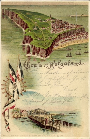 Litho Noordzee-eiland Helgoland, luchtfoto van het eiland, pier, vlaggen
