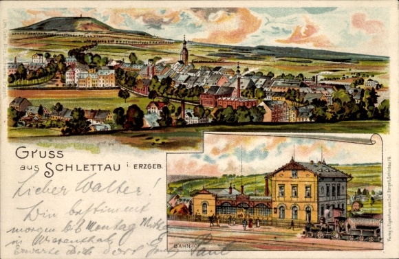 litho Schlettau in het Erzgebirge, algemeen beeld, treinstation, spoorweergave