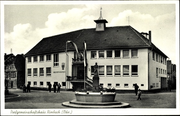 Postcard Rimbach im Odenwald, village community center, fountain