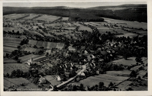Postcard Unterschwarzach Schwarzach im Odenwald Baden, aerial photograph