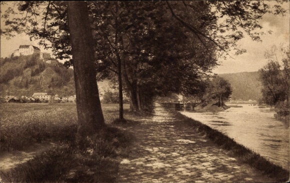 Ak Riedenburg im Altmühltal, Blick auf ein Schloss, Fluss, Baumreihe, Weg