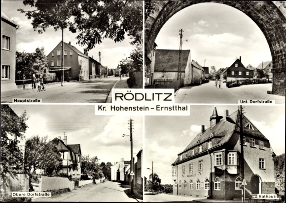 Ak Rödlitz Lichtenstein in Sachsen, Hauptstraße, Untere Dorfstraße, Rathaus, Obere Dorfstraße