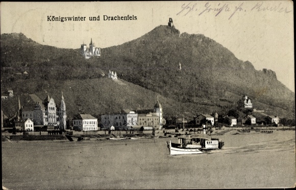 Postcard Königswinter am Rhein, view of the Drachenfels, Ort