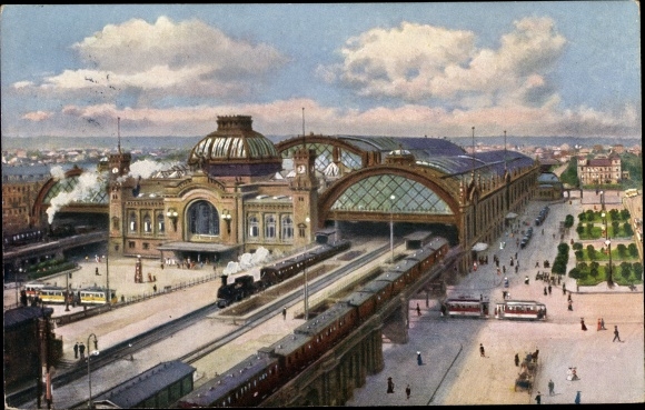 Postcard Dresden old town, main station, train, tram, panorama