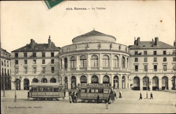 Ak Rennes Ille et Vilaine, Le Théâtre, Tram, alte Architektur,  1022, E Mary-Rousselière