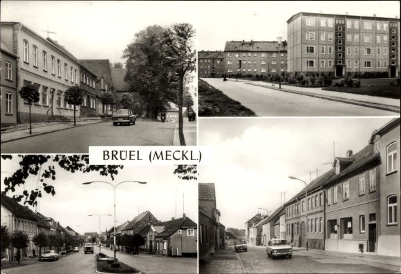 Postcard Brüel in Mecklenburg, Spiegelberg, Am Markt, Feldstrasse, Wilhelm-Pieck-Strasse