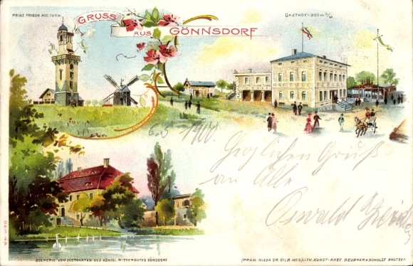 Chromo-Litho Dresden Schönfeld Weißig Gönnsdorf, inn, manor, tower, windmill