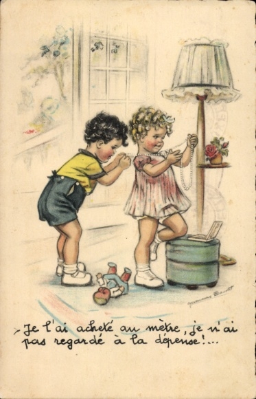 Artist Postcard Bouret, Germaine, children, pearl necklace