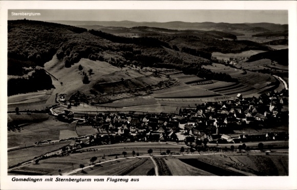 Postcard Gomadingen in Württemberg, Sternberg, aerial photograph, Sternberg tower