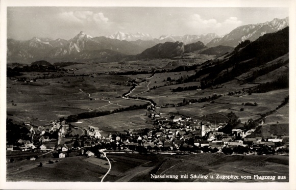 Postcard Nesselwang in Allgäu, Sauling, Zugspitze, aerial photograph
