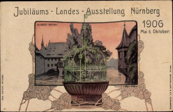 Artist Chromo-Litho Nuremberg, Jubilee State Exhibition 1906, Holy Spirit Hospital, fountain