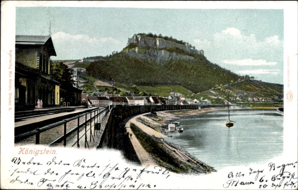 Ak Königstein an der Elbe Sächsische Schweiz, Uferpartie, Festung, Bahnhof