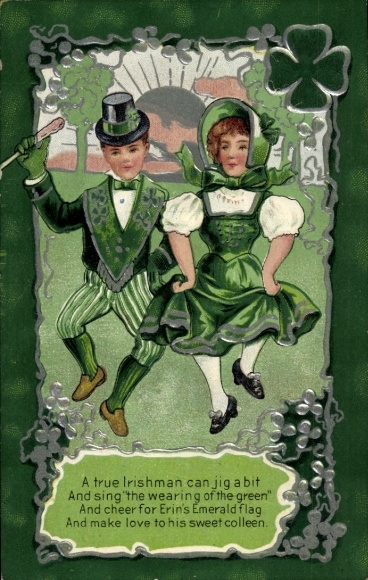 Embossed PC Ireland, dancing people in traditional costumes, lucky clover