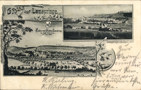 Postcard Lamspringe in Lower Saxony, monastery and spots in 1650