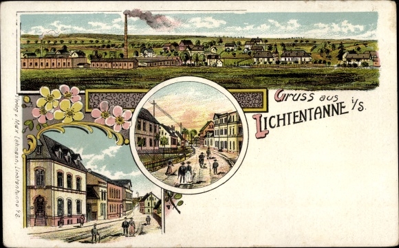 Chromo-Litho Lichtentanne Saxony, general view, factory, street section