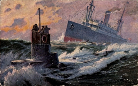 Artist Postcard Moralt, Willy, German submarine torpedoes steamer, I WK