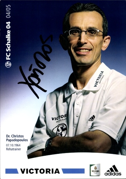 Karta z autografem trenera rehabilitacji FC Schalke 04 dr. Christosa Papadopoulosa, autograf