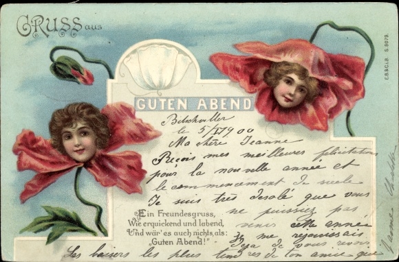 Chromo-Litho Good evening, allegory, humanized poppy flowers