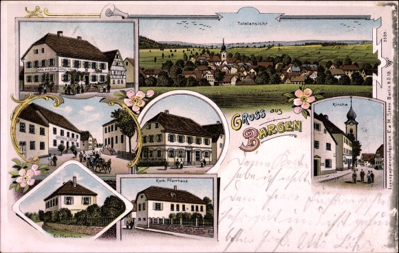 Chromo-Litho barges in Baden Württemberg, church, vicarage, total view, inn