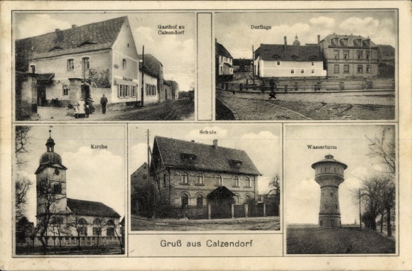 Ak Calzendorf Kalzendorf Steigra Saalekreis, kerk, herberg, dorpslocatie, school, watertoren, groeten