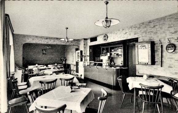 Postcard Urbar am Rhein near Koblenz, Restaurant Rheinblick, interior view, tables, bar, flowers, telephone