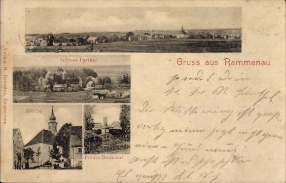 Ak Rammenau Sachsen, Verschiedene Ansichten, Kirche, Schloss-Parthie, Fichte-Denkmal, Gruss aus R