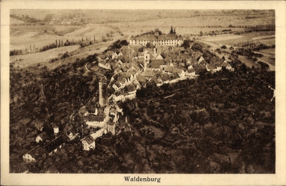 Postcard Waldenburg in Saxony, aerial view of building, picturesque landscape