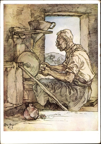 Künstler Ak Geyer, Max, Glasschleifer aus dem Böhmerwald, Schleifstein, Sudetendt. Hilfswerk
