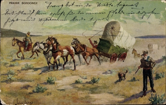 Artist PC Innes, John, USA, Prairie Schooner, Covered Wagon, Rider