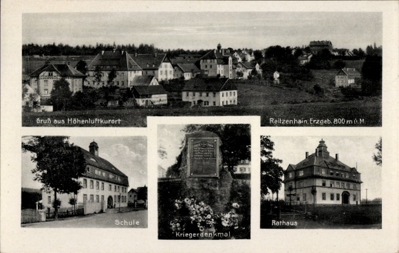 Ak Reitzenhain Marienberg in het Erzgebirge, algemeen beeld, school, stadhuis, oorlogsmonument