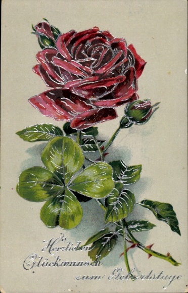 Glitzer Ak Glückwunsch Geburtstag, Rose, Klee