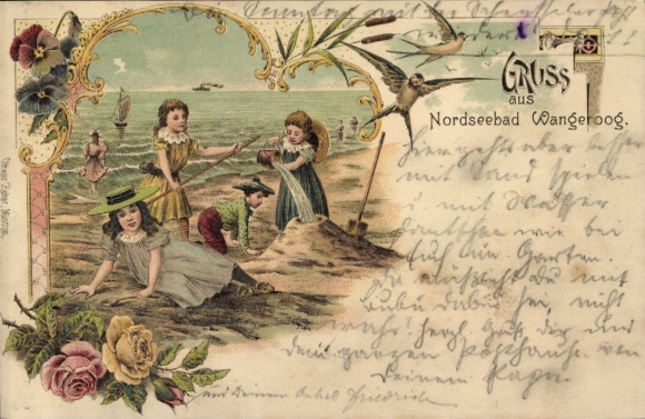 Chromo-Litho North Sea resort Wangerooge in East Frisia, children on the beach, roses