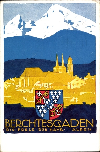 Artist coat of arms Postcard Hohlwein, Ludwig, Berchtesgaden in Upper Bavaria, village with landscape view