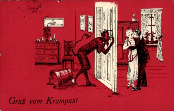 KP Krampus widzi przez dziurkę od klucza zakochaną parę