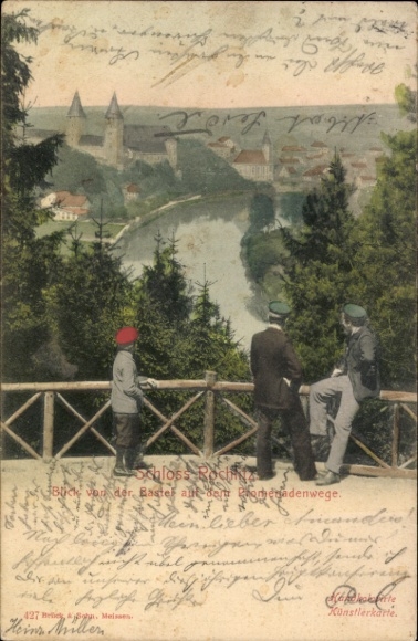 Postcard Saalburg in Thuringia, Rech Castle, viewpoint, trees, three men,