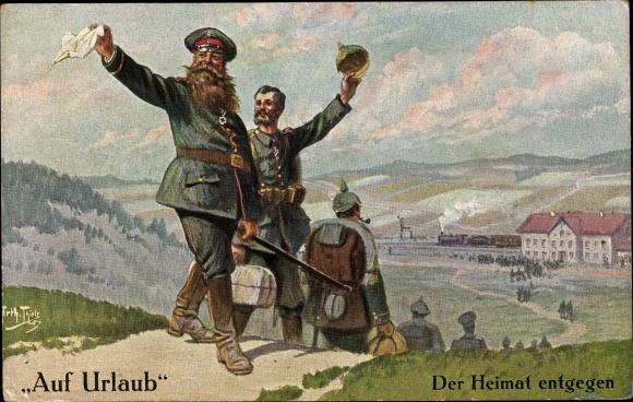 Kunstenaar Ak Thiele, Arthur, Op vakantie, naar huis, soldaten