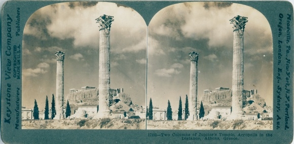 Stereo photo Athens Greece, Two columns of Jupiter&#39;s Temple, Acropolis in the distance