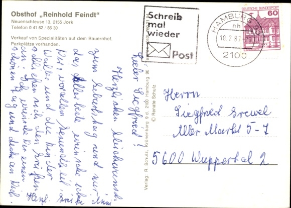 Postcard Jork in the Altes Land, Reinhold Feindt fruit farm, exterior view, picnic