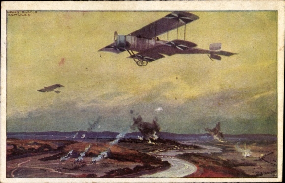 Künstler Ak Schulze, Hans Rudolf, Militärdoppeldecker auf Erkundungsflug an der Marne, I. WK