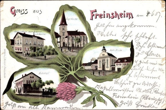 Klaverblad litho Freinsheim aan de Pfalzwijnroute, kerk, restauratie van het treinstation, treinstation