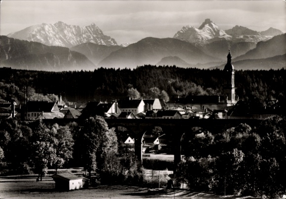 Postcard Traunstein in Upper Bavaria, beautiful mountain landscape, city view with the Alps in the background