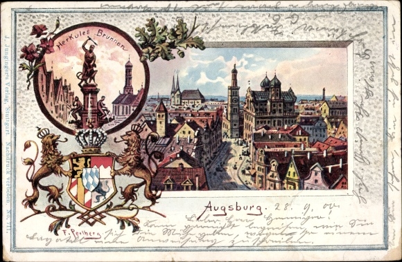 Herb artysty KP Perlberg, F., Augsburg w Szwabii, fontanna Herkulesa, widok na miasto