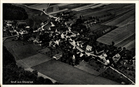 Postcard Ritzisried Buch Schwaben, aerial view of village, fields, houses, street, greetings from Ritzisried