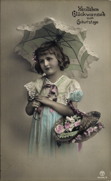 Postcard birthday greetings, girl with flower basket